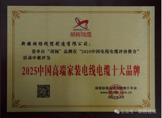胡楊線纜2025中國高端家裝電線電纜十大品牌榮譽(yù)證書.jpg